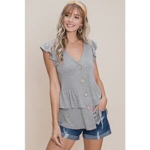 EMERALD COLLECTION - SOLID BUTTON FLUTTER SLEEVE TOP WITH RUFFLE